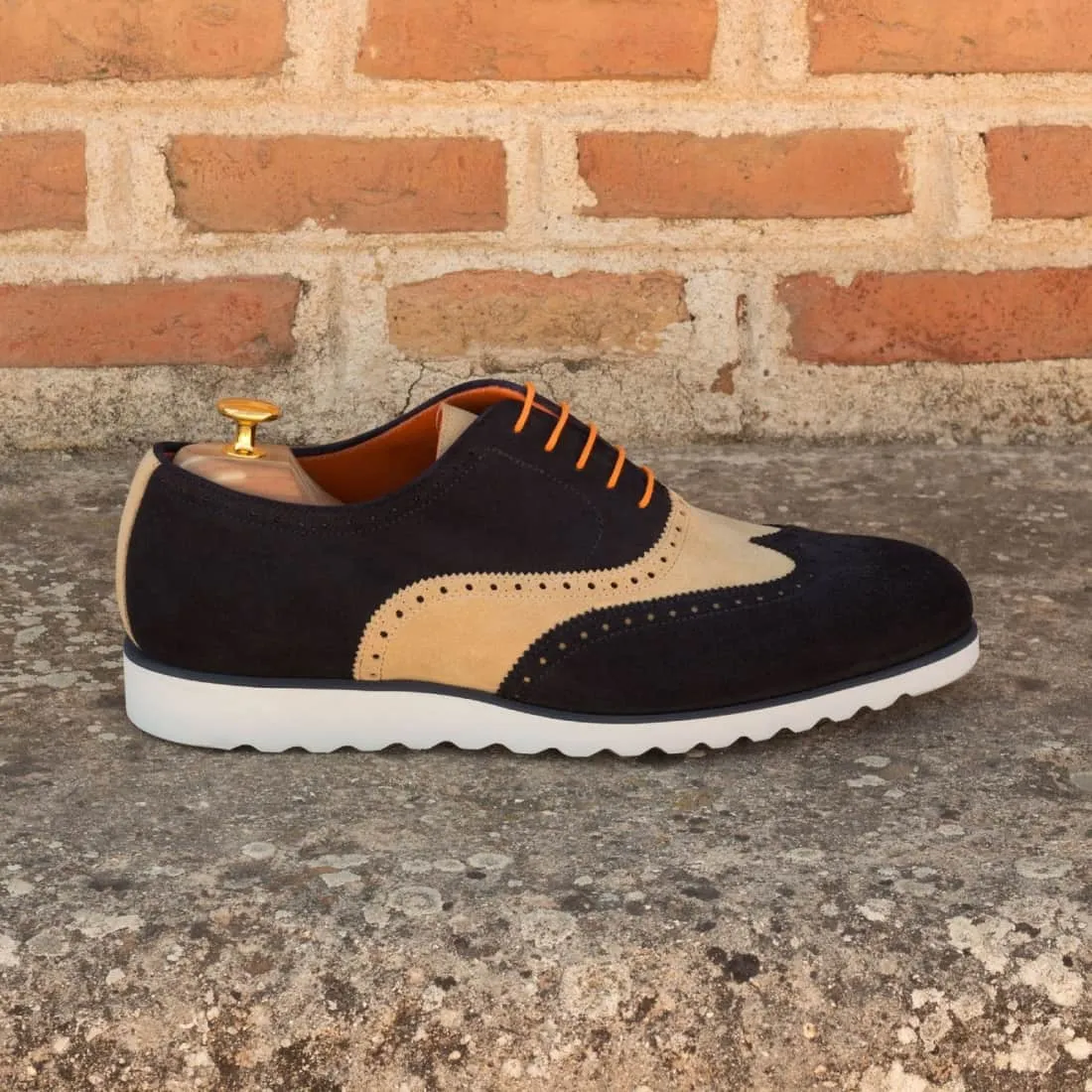Richelieu fleuri en daim beige et bleu marine - Semelles sport