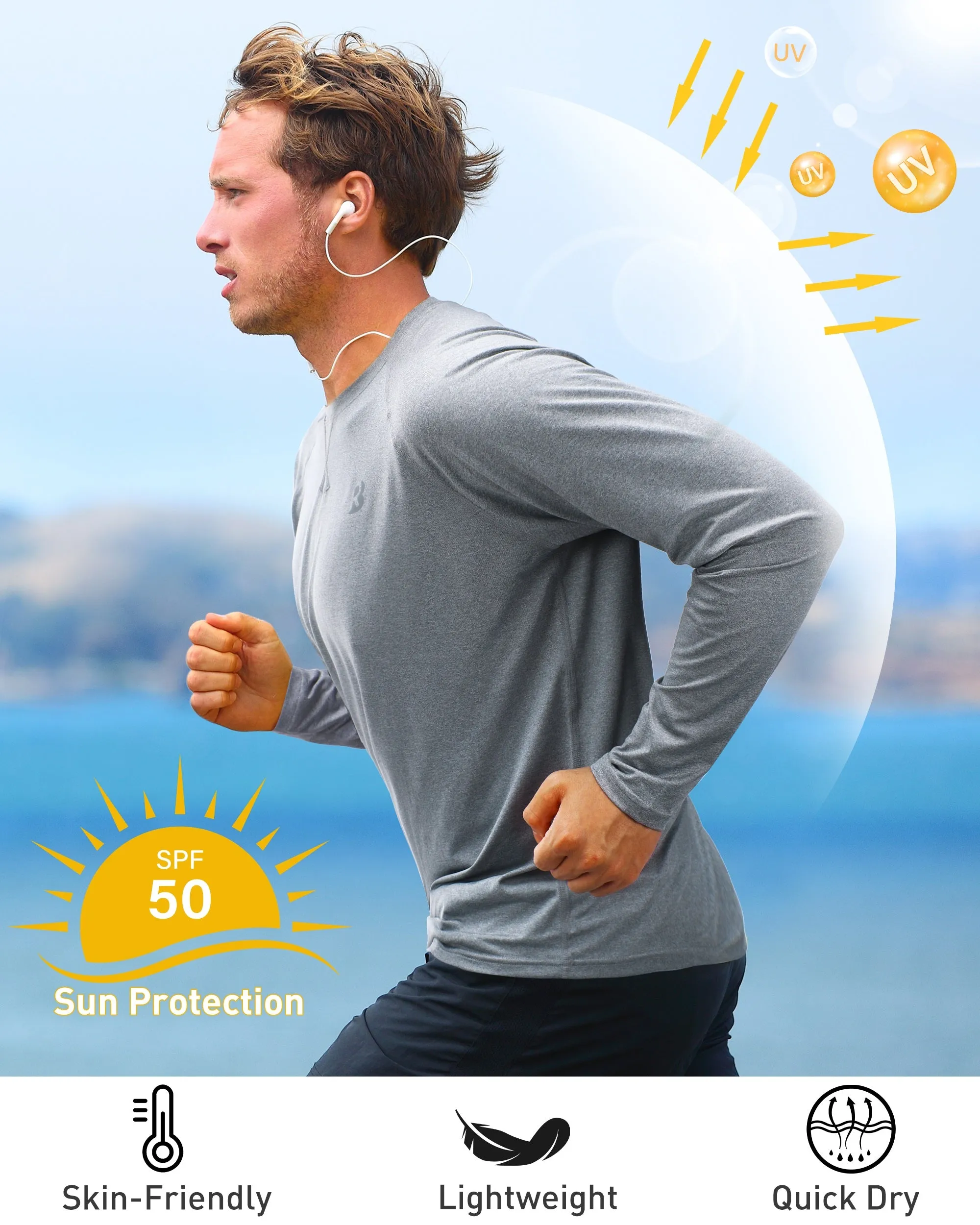 Roadbox Mens UPF 50  UV Sun Protection Long Sleeve Shirts Rash Guard for Fishing Hiking Swimming Running