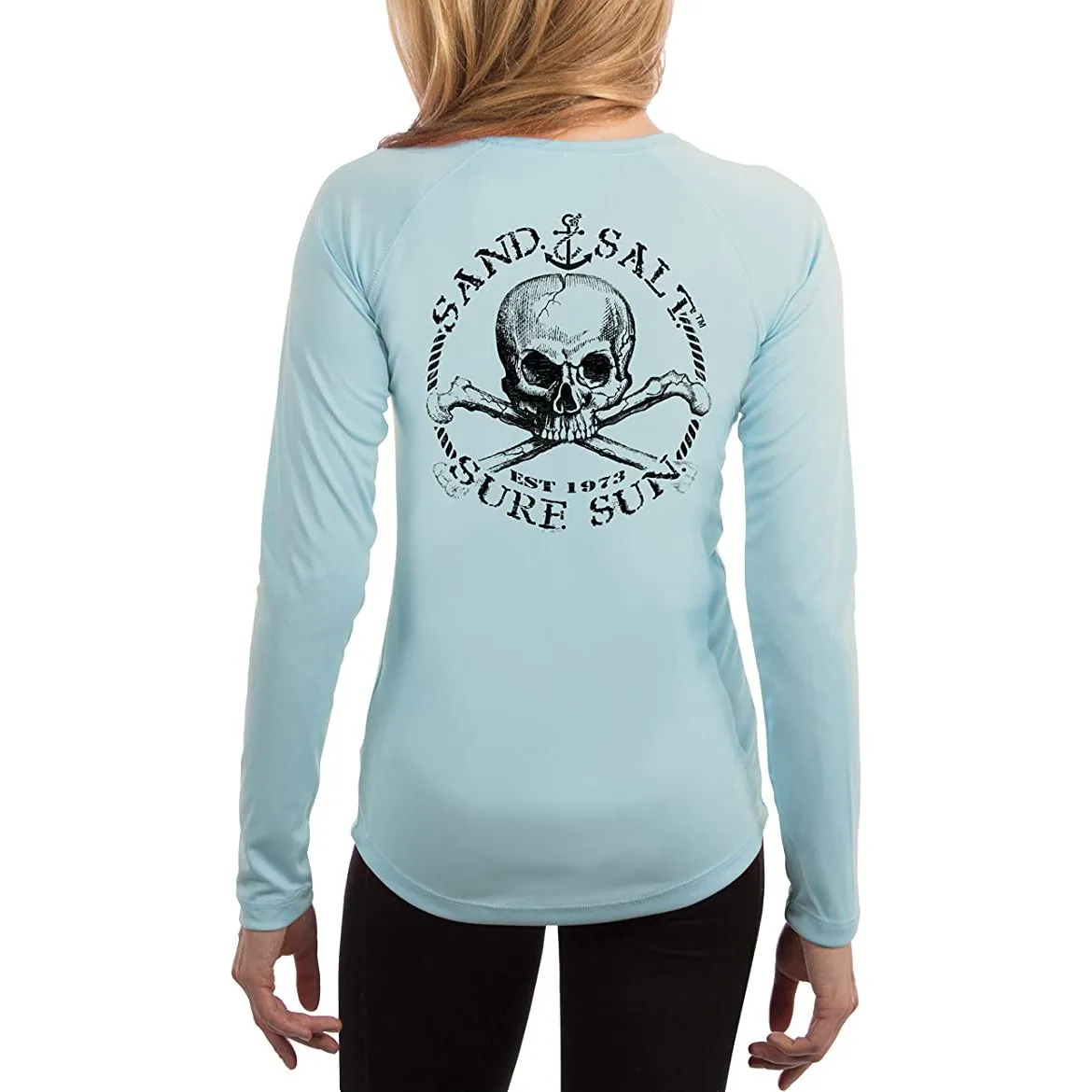 SAND.SALT.SURF.SUN. Black Skull Women's UPF 50  UV Sun Protection Performance Long Sleeve T-Shirt