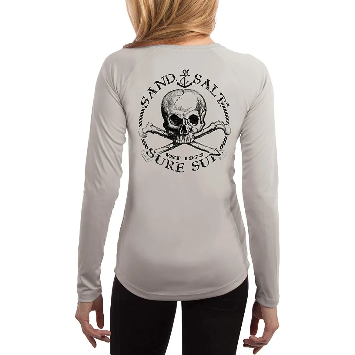 SAND.SALT.SURF.SUN. Black Skull Women's UPF 50  UV Sun Protection Performance Long Sleeve T-Shirt