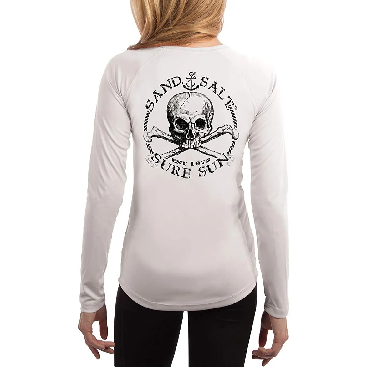 SAND.SALT.SURF.SUN. Black Skull Women's UPF 50  UV Sun Protection Performance Long Sleeve T-Shirt