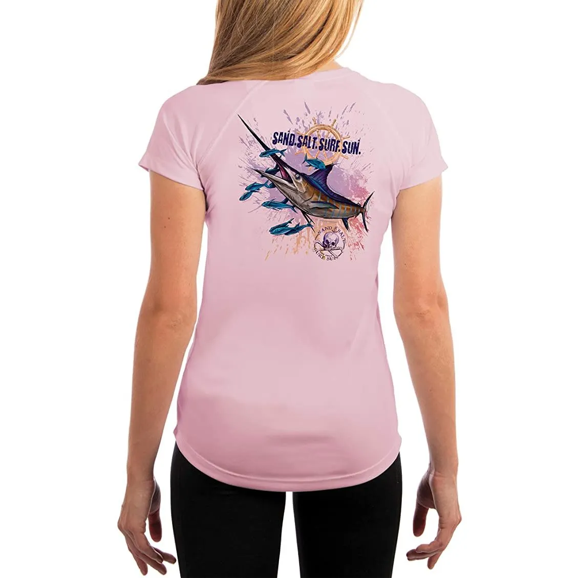 SAND.SALT.SURF.SUN. Blue Marlin Women's UPF 50  UV Sun Protection Performance Short Sleeve T-Shirt