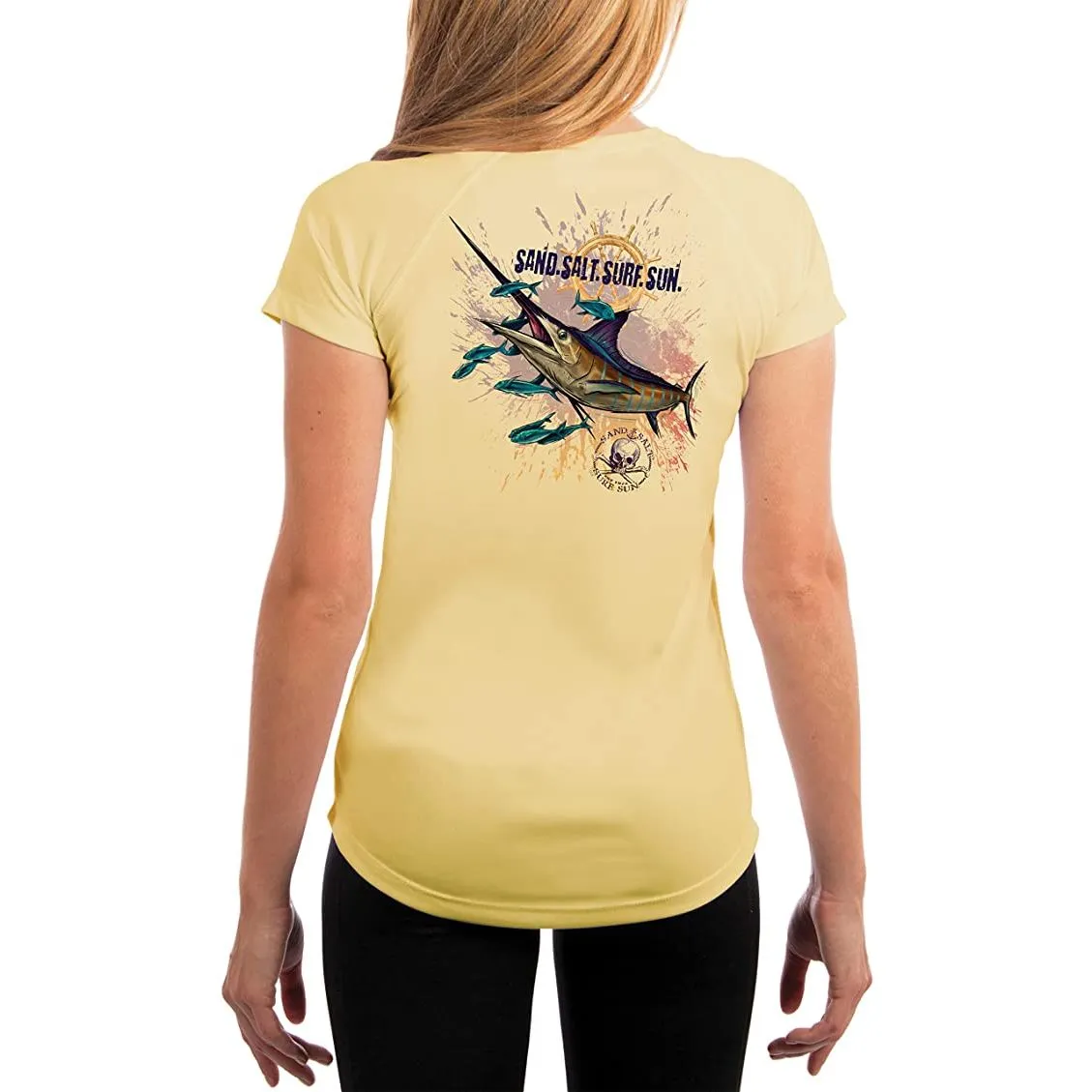 SAND.SALT.SURF.SUN. Blue Marlin Women's UPF 50  UV Sun Protection Performance Short Sleeve T-Shirt