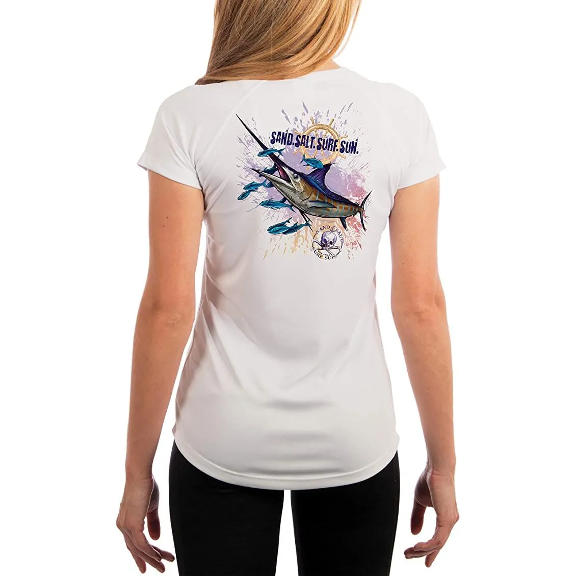 SAND.SALT.SURF.SUN. Blue Marlin Women's UPF 50  UV Sun Protection Performance Short Sleeve T-Shirt