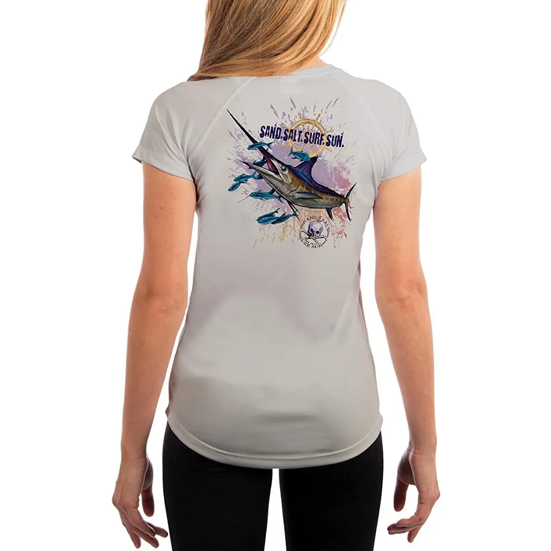 SAND.SALT.SURF.SUN. Blue Marlin Women's UPF 50  UV Sun Protection Performance Short Sleeve T-Shirt