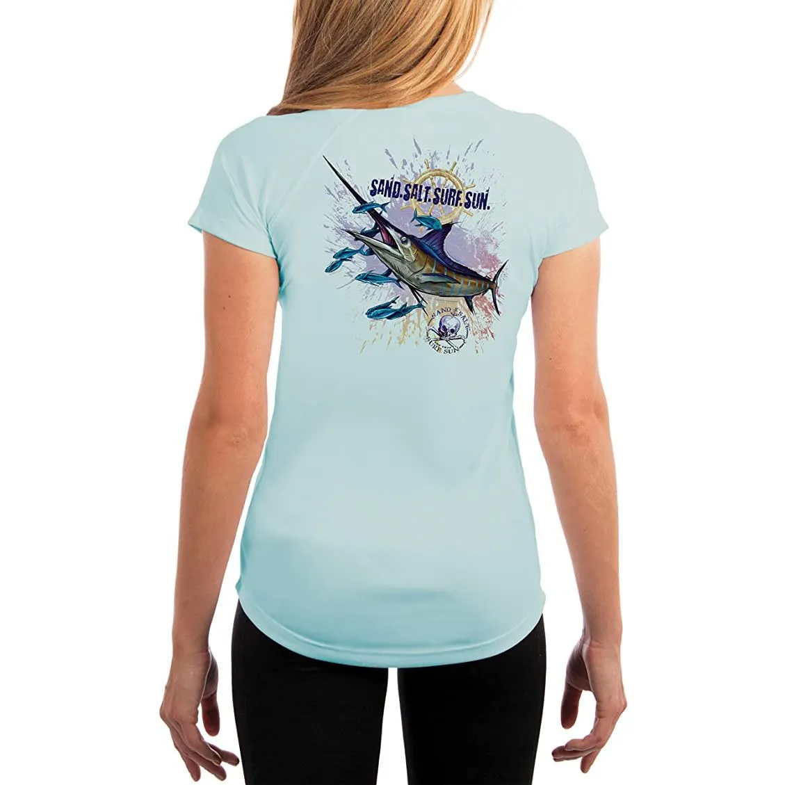 SAND.SALT.SURF.SUN. Blue Marlin Women's UPF 50  UV Sun Protection Performance Short Sleeve T-Shirt