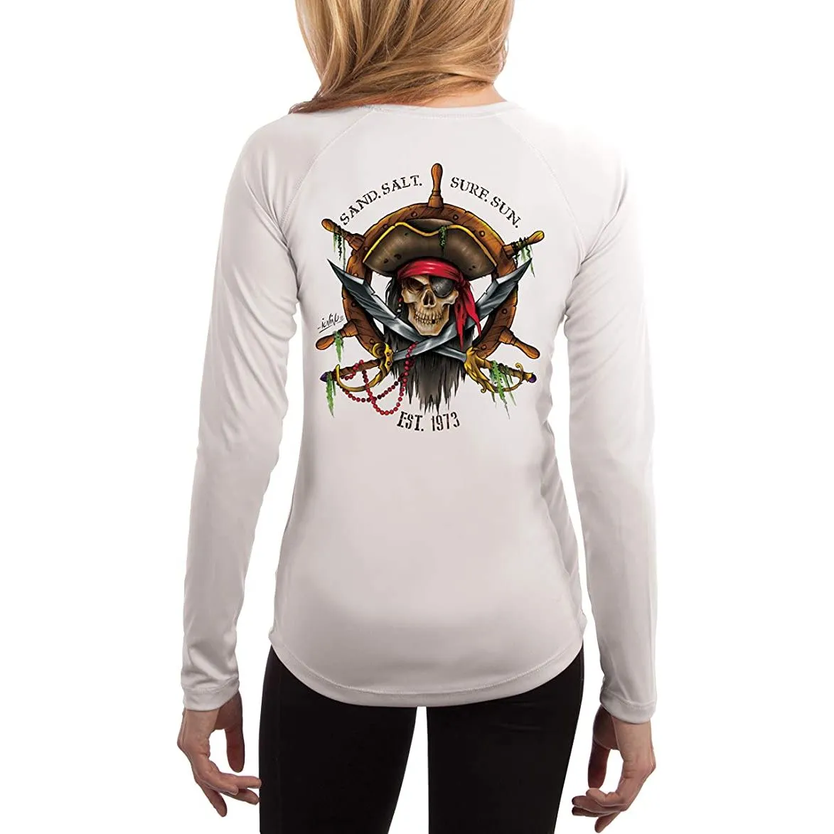 SAND.SALT.SURF.SUN. Captain Pirate Women's UPF 50  UV Sun Protection Performance Long Sleeve T-Shirt