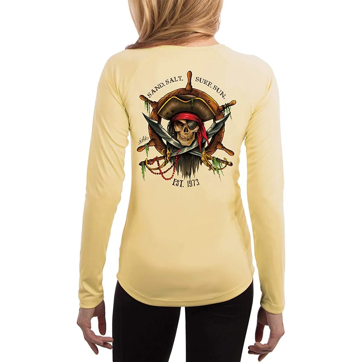 SAND.SALT.SURF.SUN. Captain Pirate Women's UPF 50  UV Sun Protection Performance Long Sleeve T-Shirt