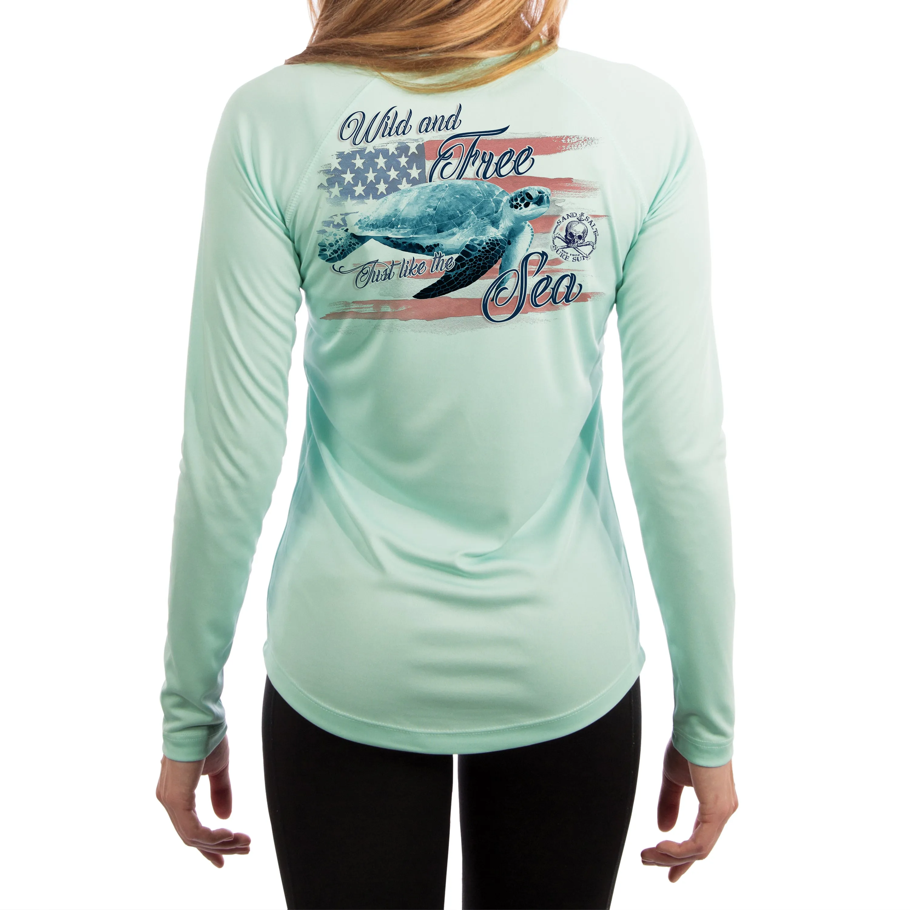 SAND.SALT.SURF.SUN. Flag Turtle Women's UPF 50  UV Sun Protection Performance Long Sleeve T-Shirt