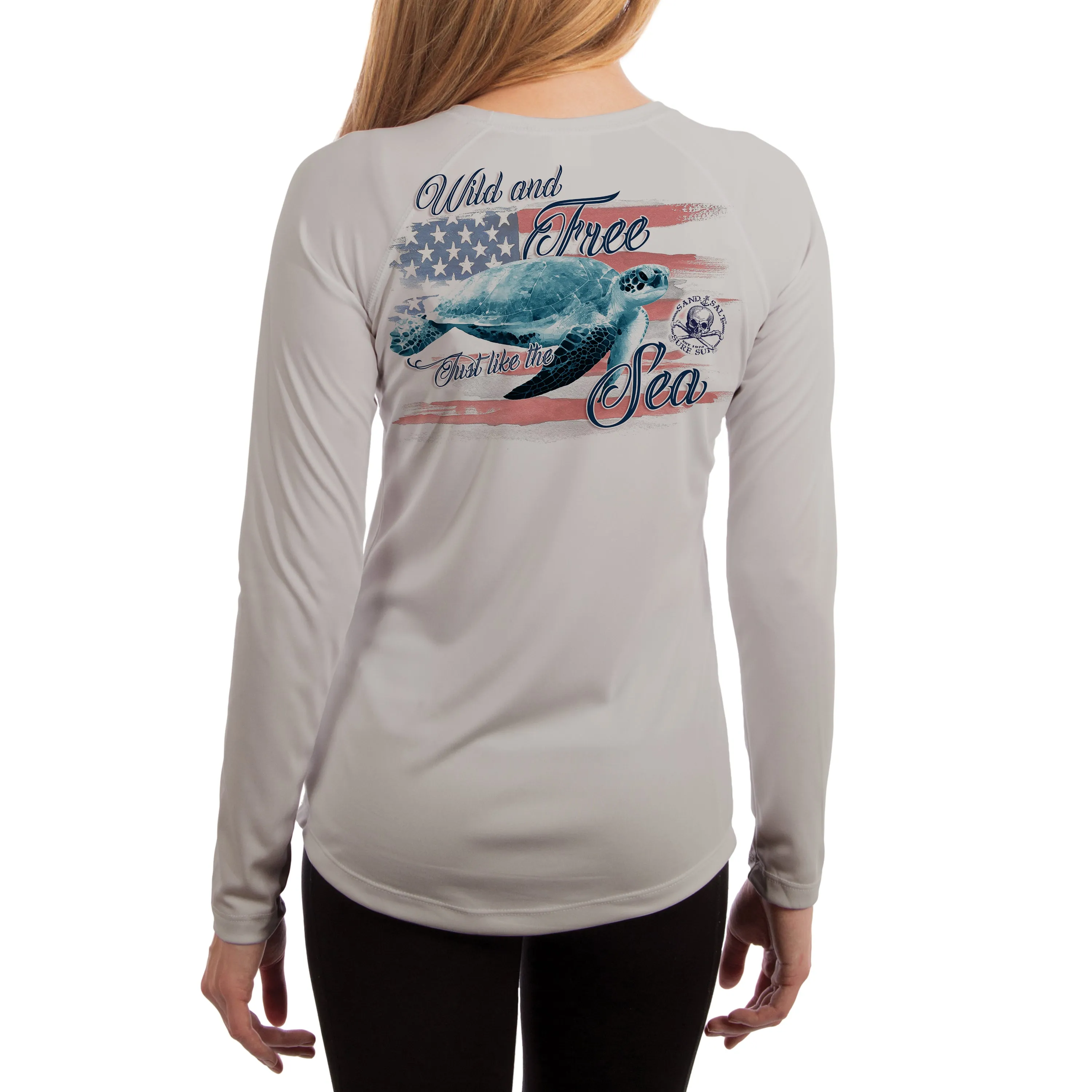 SAND.SALT.SURF.SUN. Flag Turtle Women's UPF 50  UV Sun Protection Performance Long Sleeve T-Shirt
