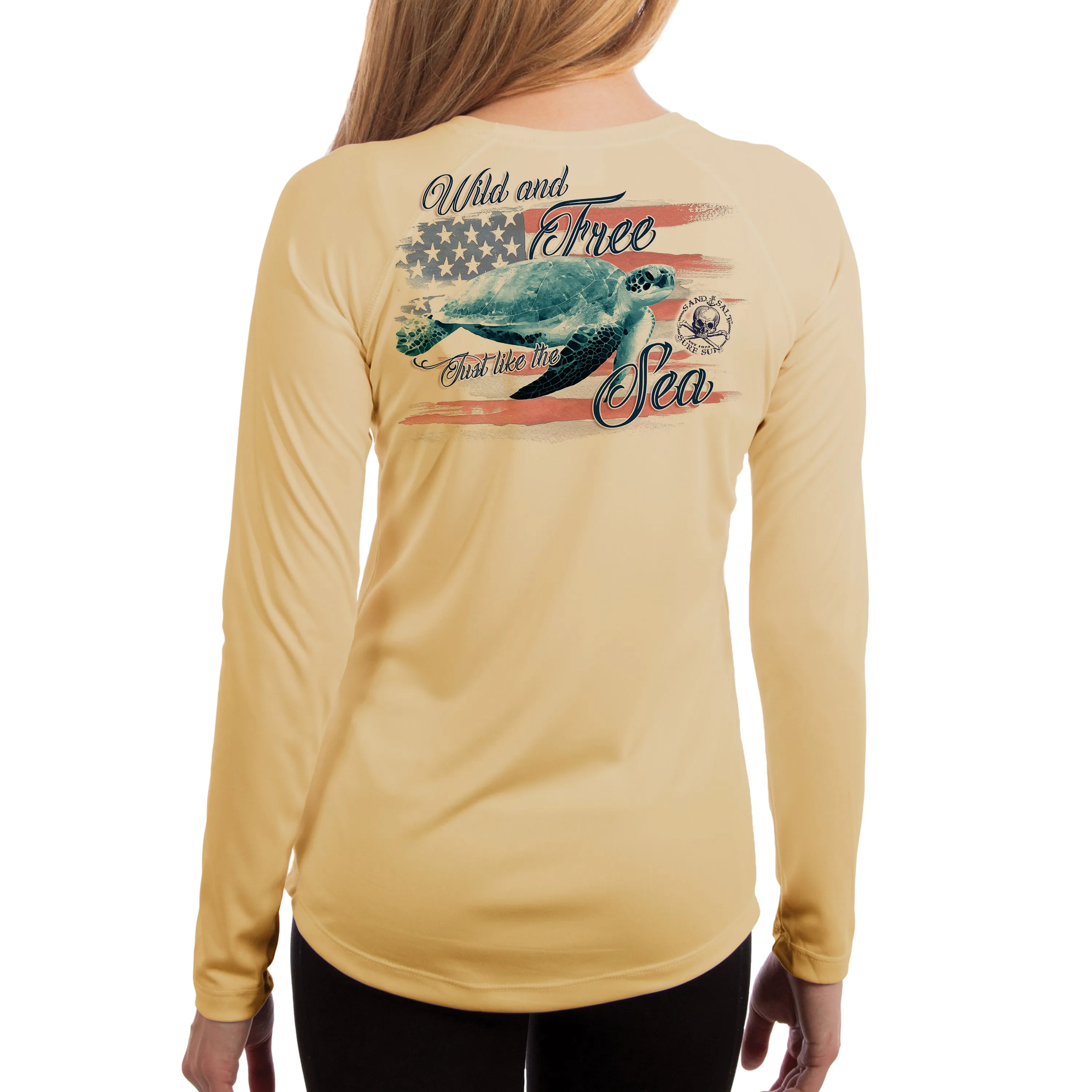 SAND.SALT.SURF.SUN. Flag Turtle Women's UPF 50  UV Sun Protection Performance Long Sleeve T-Shirt