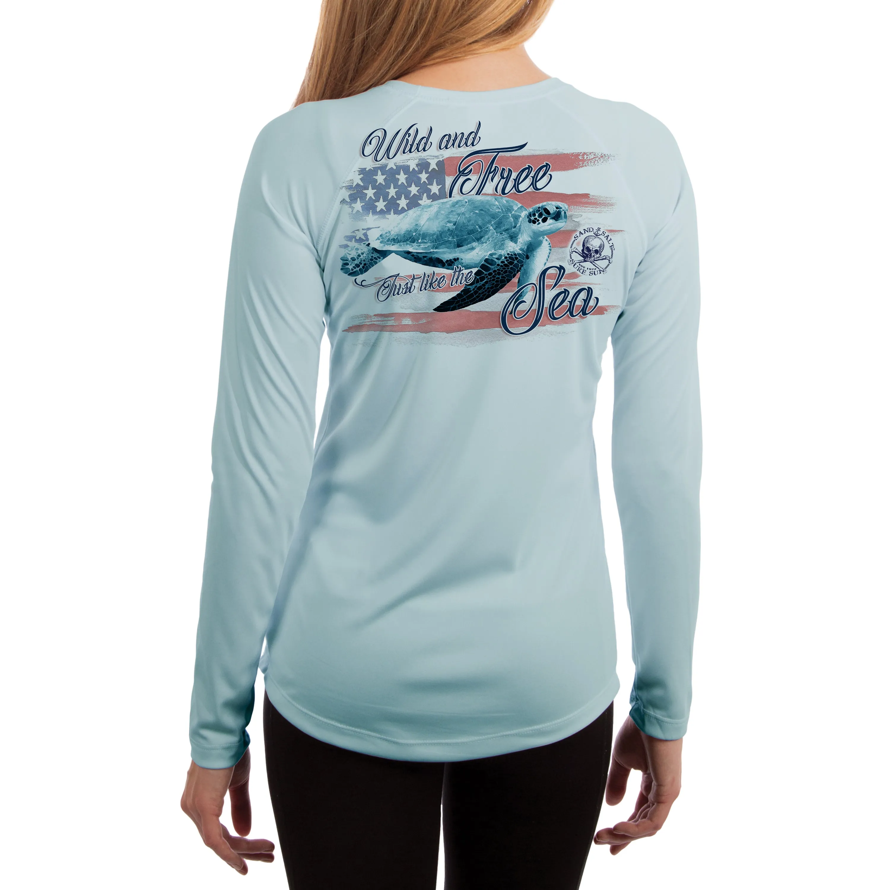 SAND.SALT.SURF.SUN. Flag Turtle Women's UPF 50  UV Sun Protection Performance Long Sleeve T-Shirt