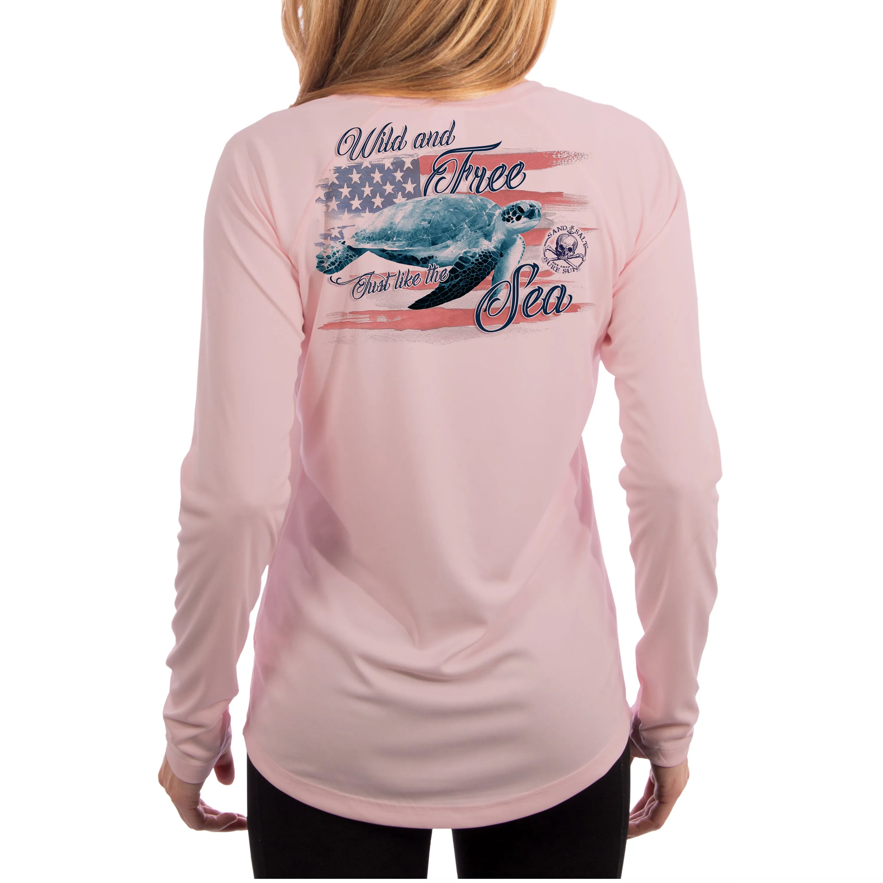 SAND.SALT.SURF.SUN. Flag Turtle Women's UPF 50  UV Sun Protection Performance Long Sleeve T-Shirt
