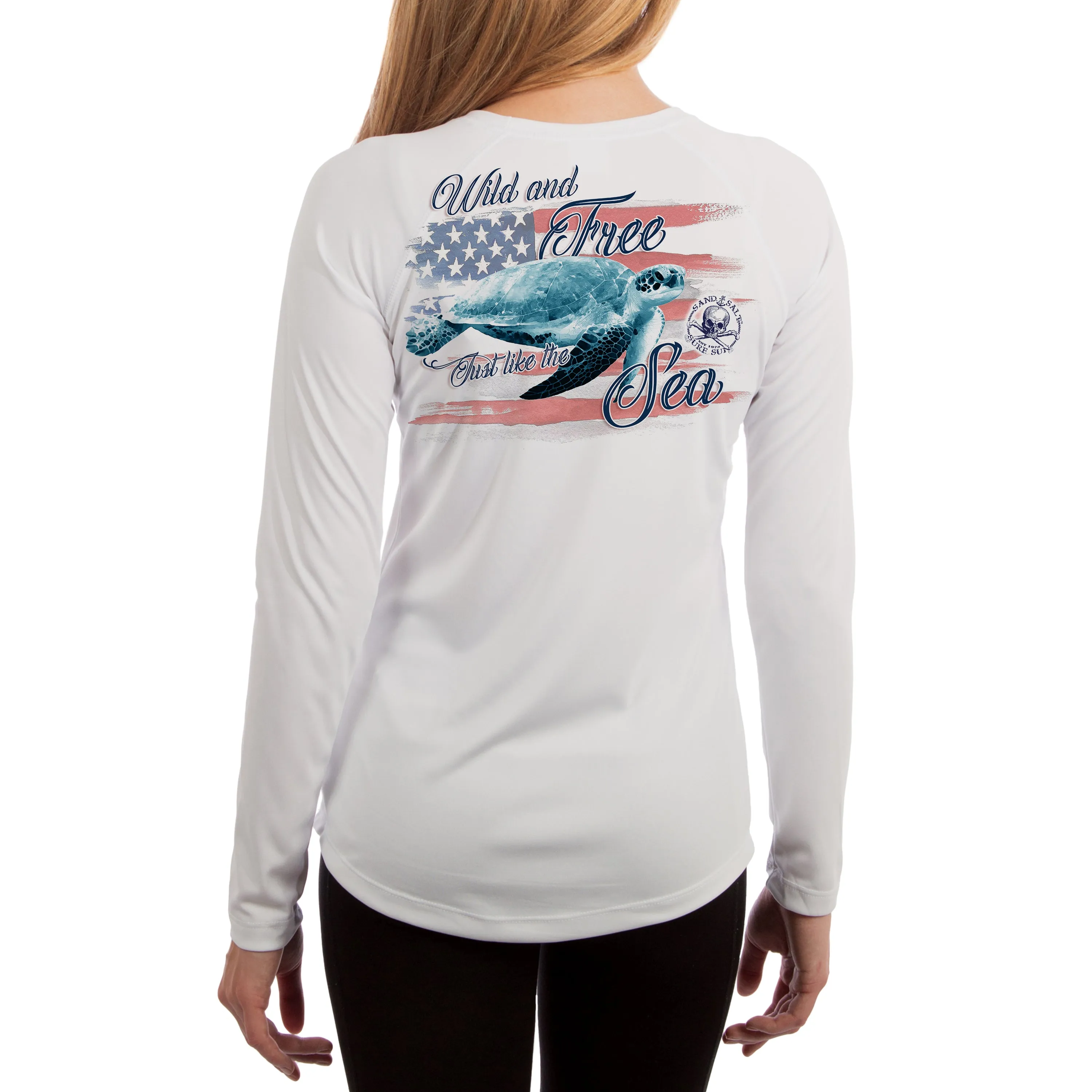 SAND.SALT.SURF.SUN. Flag Turtle Women's UPF 50  UV Sun Protection Performance Long Sleeve T-Shirt