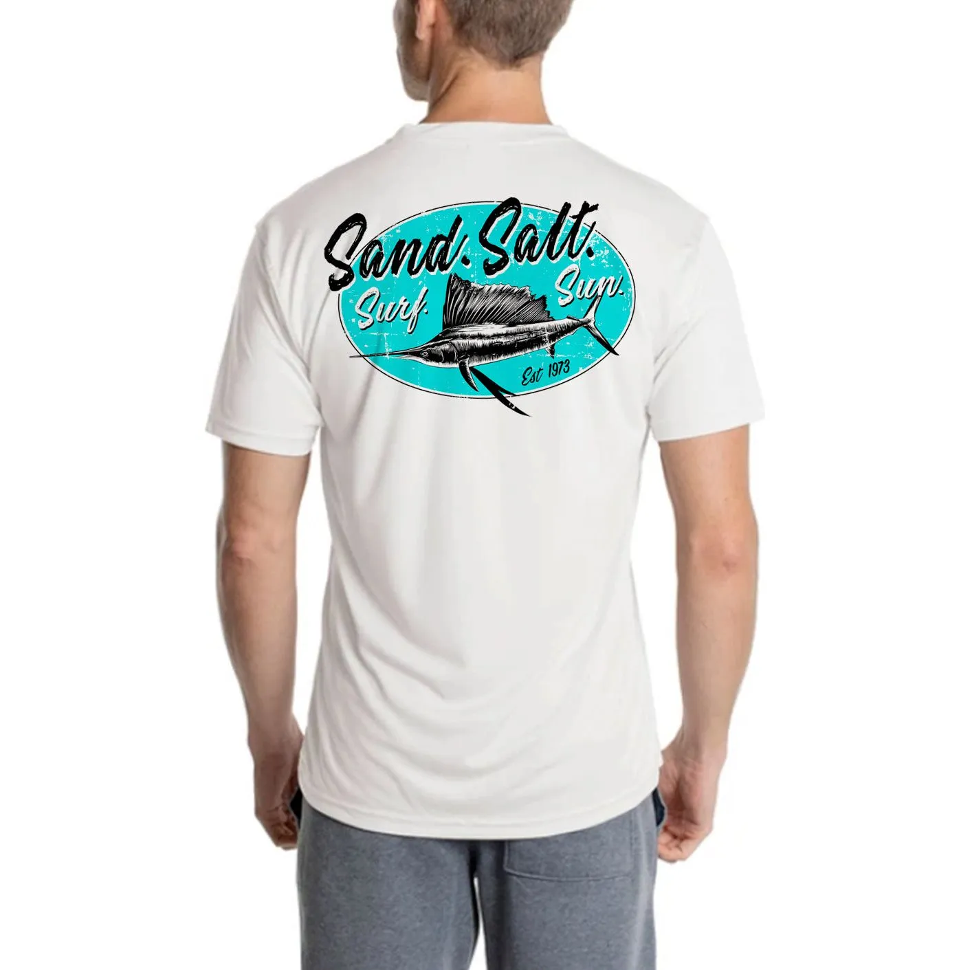 SAND.SALT.SURF.SUN. Marlin Logo Men's UPF 50  UV Sun Protection Performance Short Sleeve T-Shirt