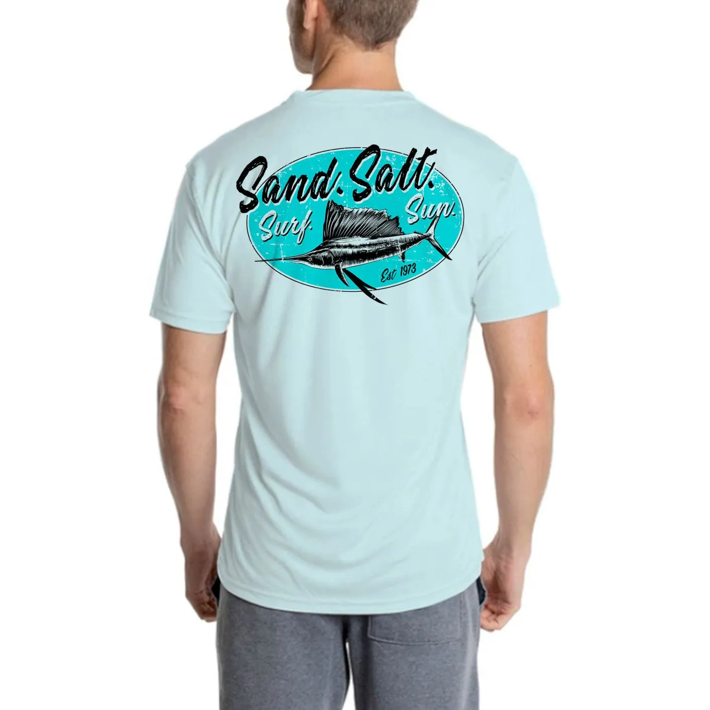 SAND.SALT.SURF.SUN. Marlin Logo Men's UPF 50  UV Sun Protection Performance Short Sleeve T-Shirt
