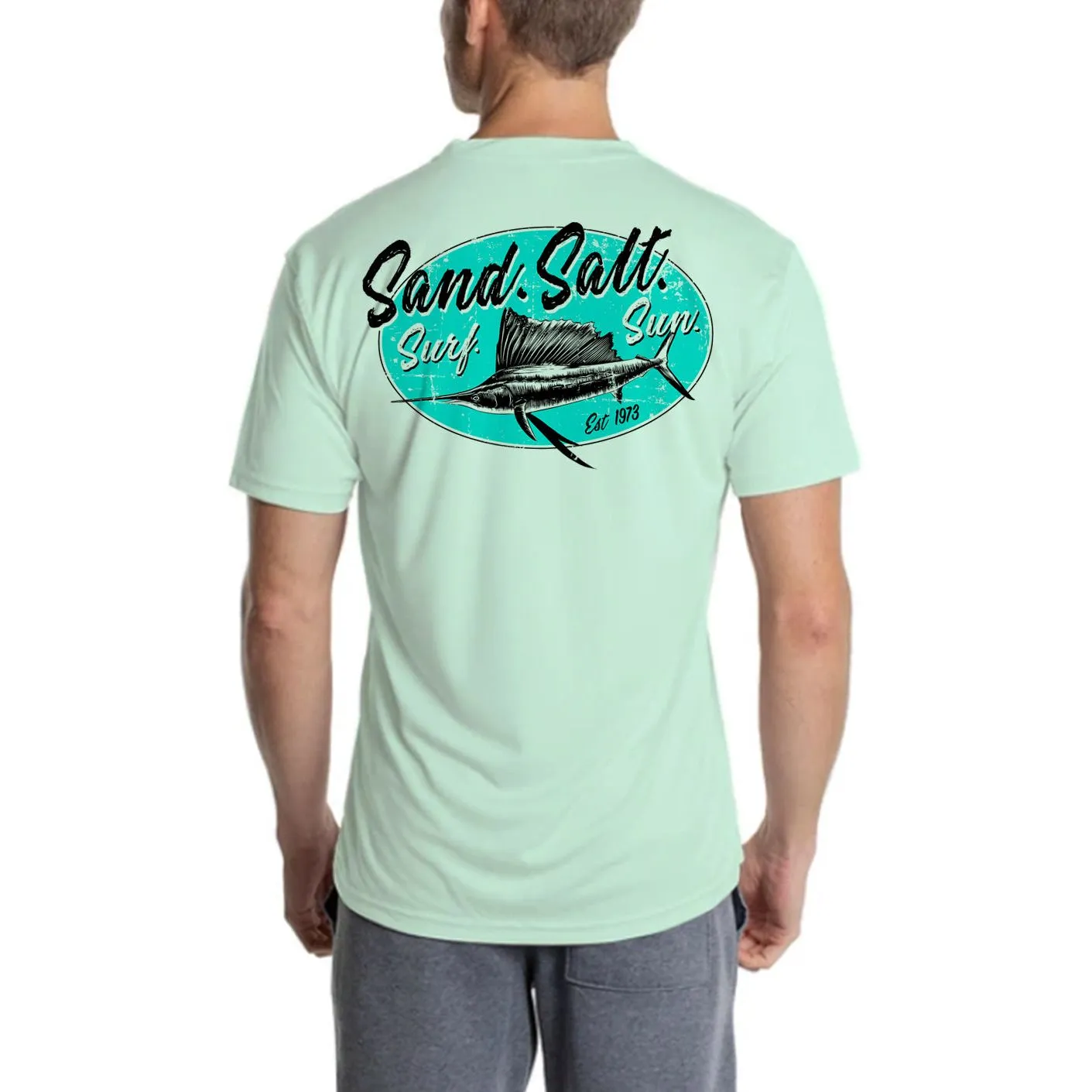 SAND.SALT.SURF.SUN. Marlin Logo Men's UPF 50  UV Sun Protection Performance Short Sleeve T-Shirt