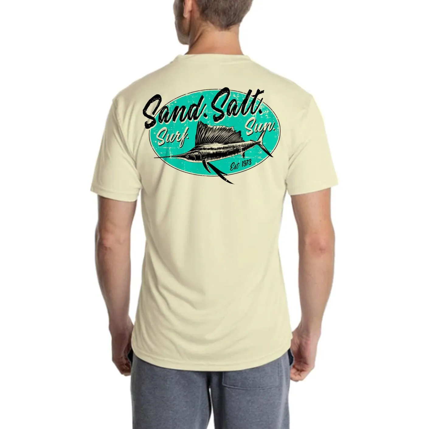SAND.SALT.SURF.SUN. Marlin Logo Men's UPF 50  UV Sun Protection Performance Short Sleeve T-Shirt