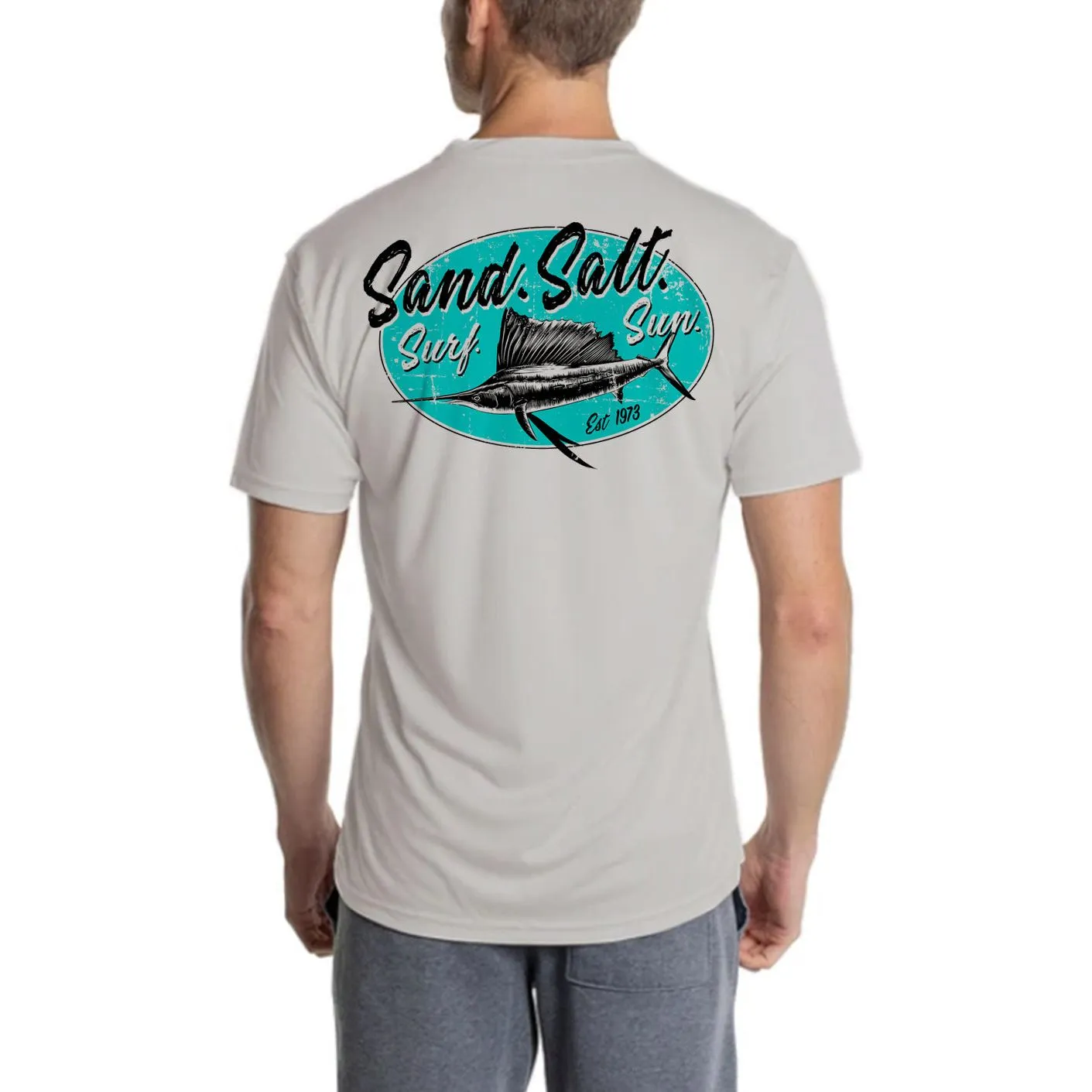 SAND.SALT.SURF.SUN. Marlin Logo Men's UPF 50  UV Sun Protection Performance Short Sleeve T-Shirt