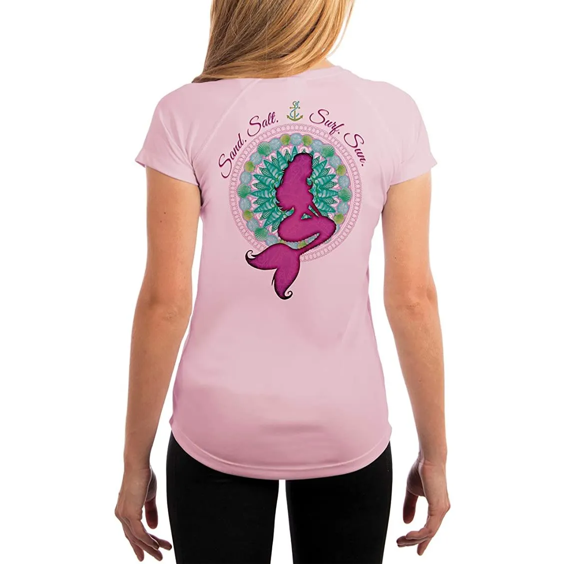 SAND.SALT.SURF.SUN. Mermaid Shells Women's UPF 50  UV Sun Protection Performance Short Sleeve T-Shirt