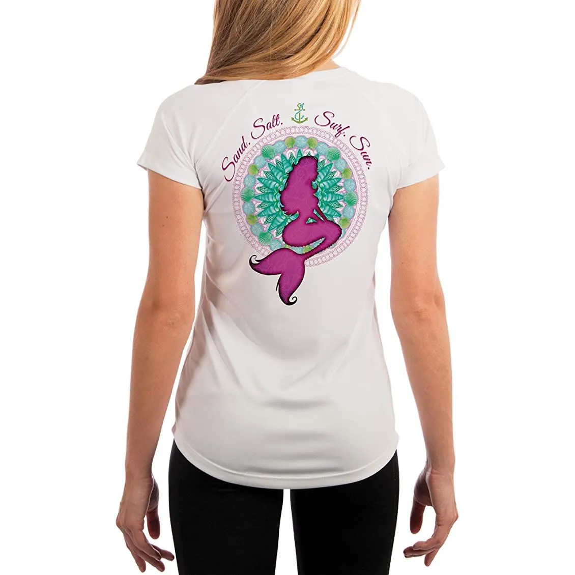 SAND.SALT.SURF.SUN. Mermaid Shells Women's UPF 50  UV Sun Protection Performance Short Sleeve T-Shirt