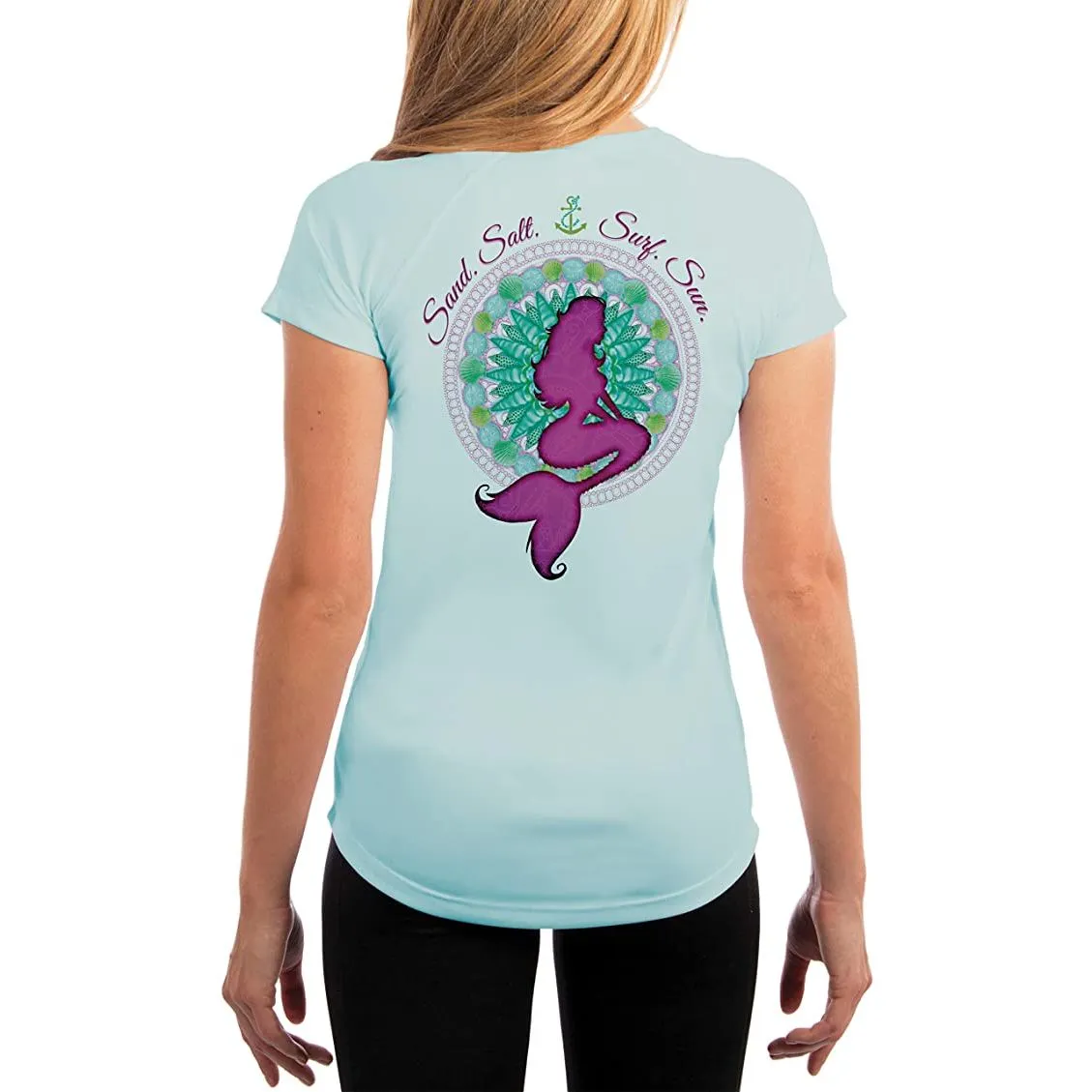 SAND.SALT.SURF.SUN. Mermaid Shells Women's UPF 50  UV Sun Protection Performance Short Sleeve T-Shirt