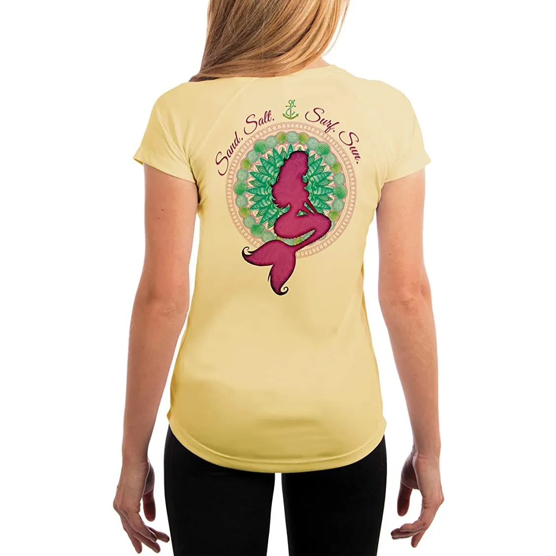 SAND.SALT.SURF.SUN. Mermaid Shells Women's UPF 50  UV Sun Protection Performance Short Sleeve T-Shirt