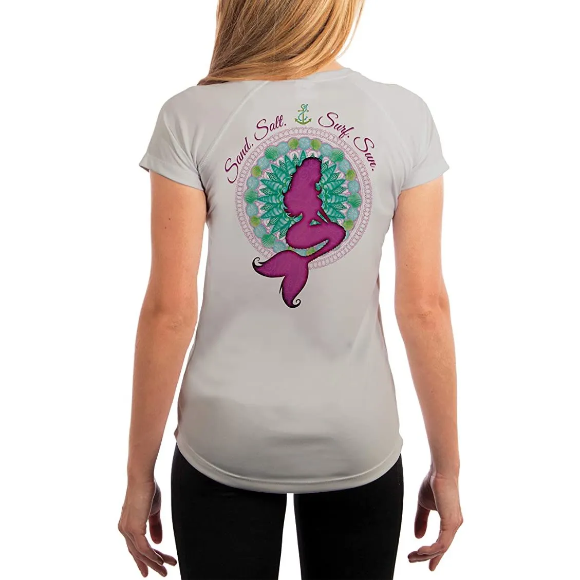 SAND.SALT.SURF.SUN. Mermaid Shells Women's UPF 50  UV Sun Protection Performance Short Sleeve T-Shirt