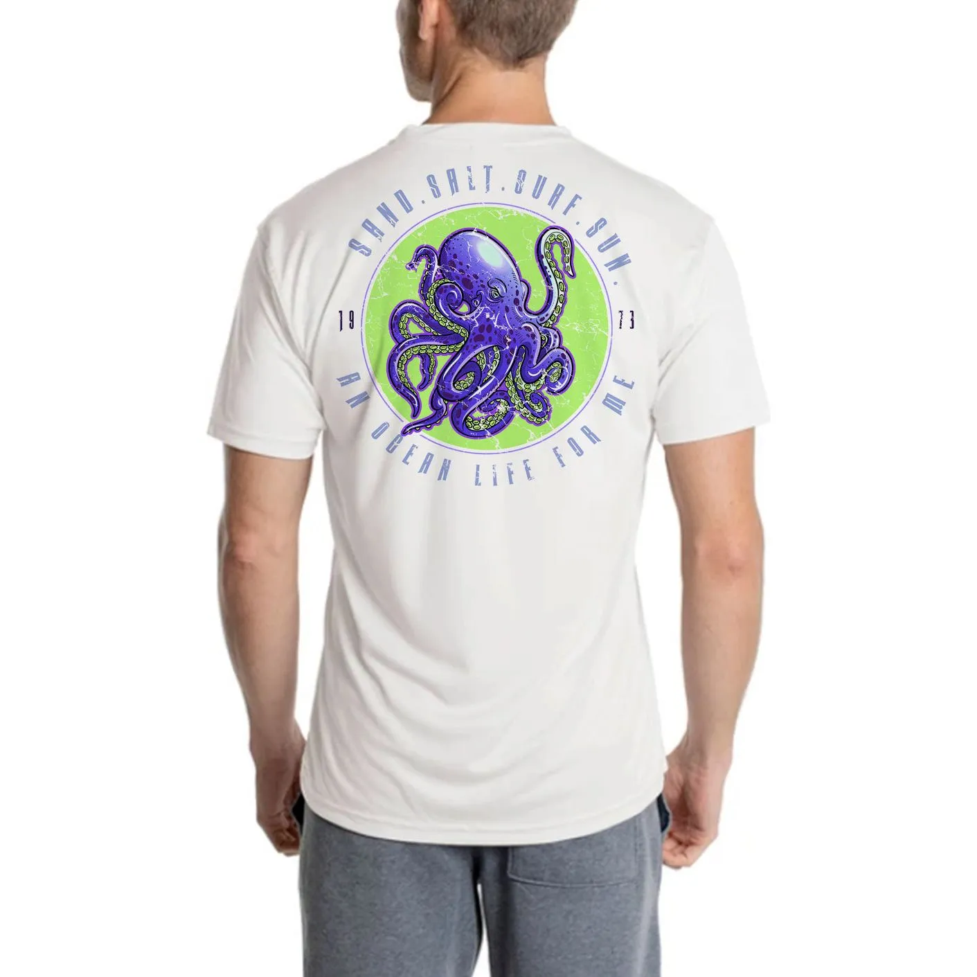 SAND.SALT.SURF.SUN. Octopus Men's UPF 50  UV Sun Protection Performance Short Sleeve T-Shirt