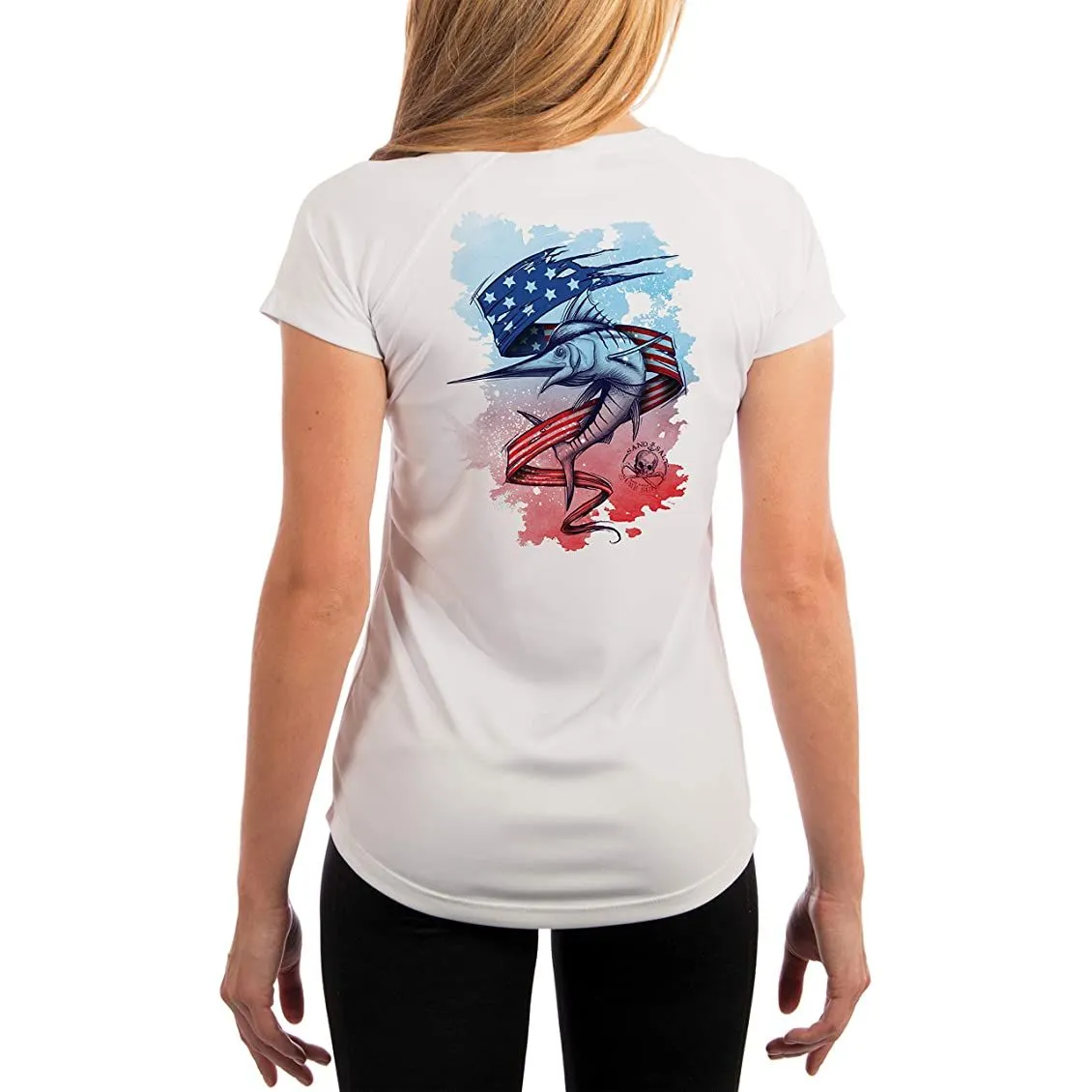 SAND.SALT.SURF.SUN. Sailing Marlin Flag Women's UPF 50  UV Sun Protection Performance Short Sleeve T-Shirt