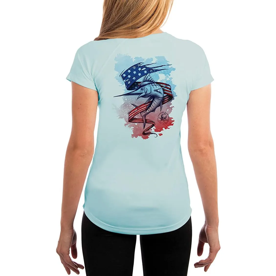 SAND.SALT.SURF.SUN. Sailing Marlin Flag Women's UPF 50  UV Sun Protection Performance Short Sleeve T-Shirt