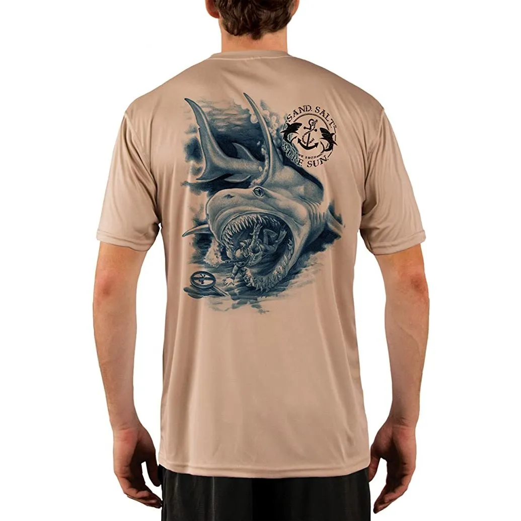 SAND.SALT.SURF.SUN. Shark Diver Attack Men's UPF 50  UV Sun Protection Performance Short Sleeve T-Shirt