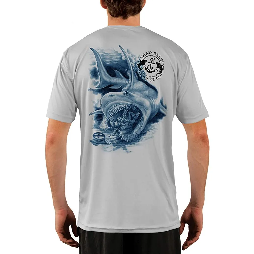 SAND.SALT.SURF.SUN. Shark Diver Attack Men's UPF 50  UV Sun Protection Performance Short Sleeve T-Shirt