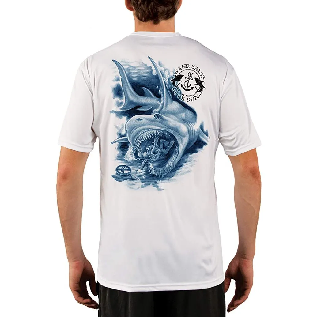 SAND.SALT.SURF.SUN. Shark Diver Attack Men's UPF 50  UV Sun Protection Performance Short Sleeve T-Shirt
