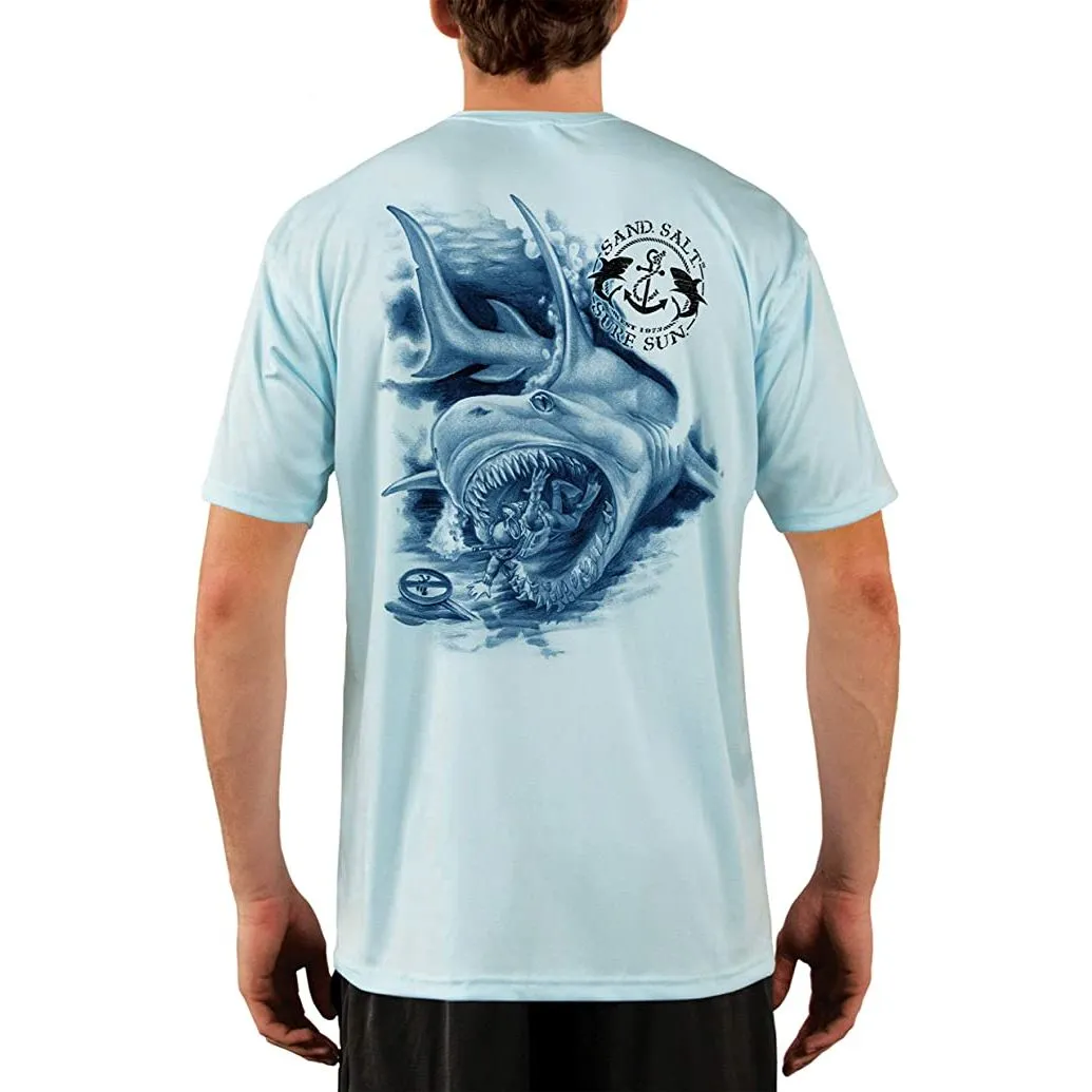 SAND.SALT.SURF.SUN. Shark Diver Attack Men's UPF 50  UV Sun Protection Performance Short Sleeve T-Shirt
