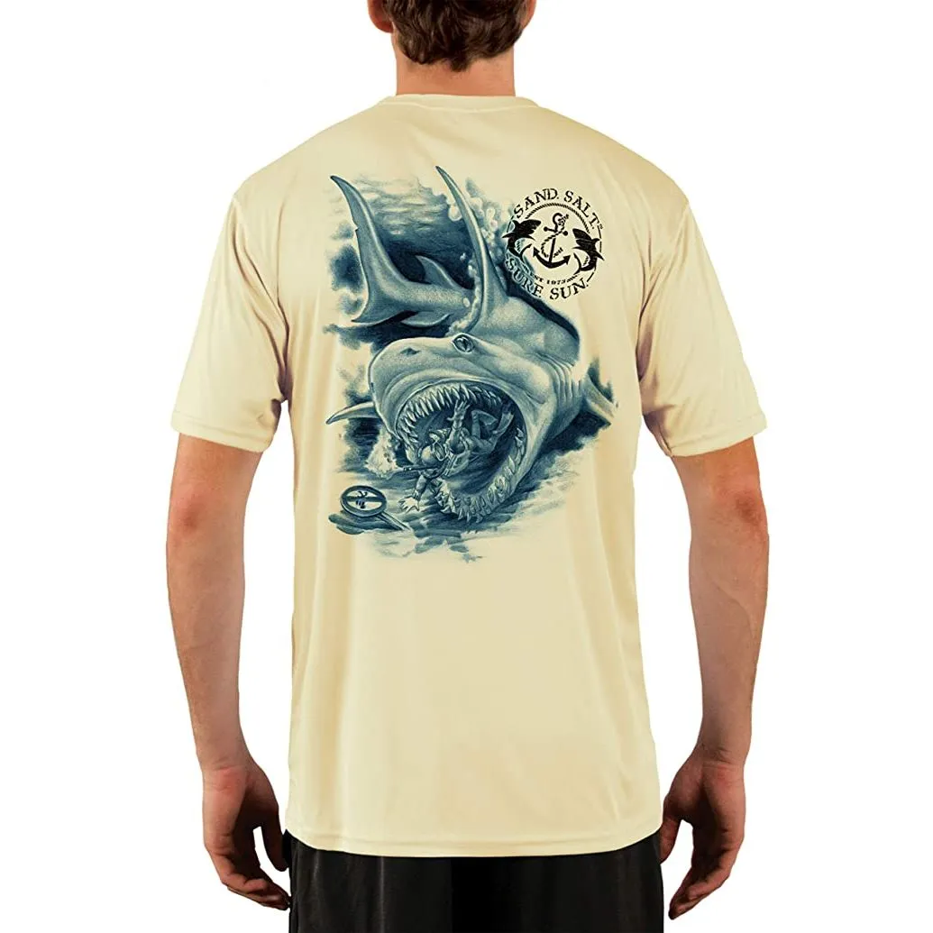 SAND.SALT.SURF.SUN. Shark Diver Attack Men's UPF 50  UV Sun Protection Performance Short Sleeve T-Shirt