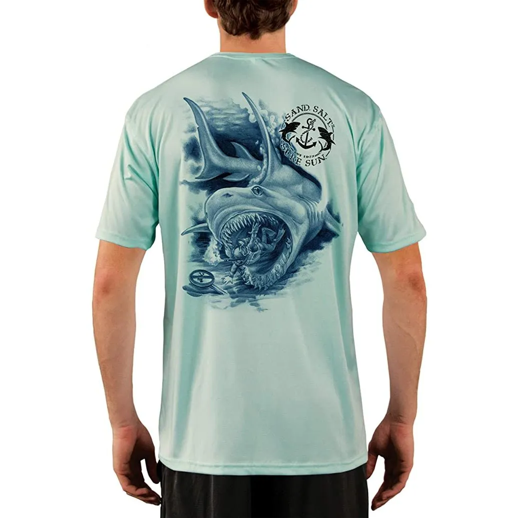SAND.SALT.SURF.SUN. Shark Diver Attack Men's UPF 50  UV Sun Protection Performance Short Sleeve T-Shirt