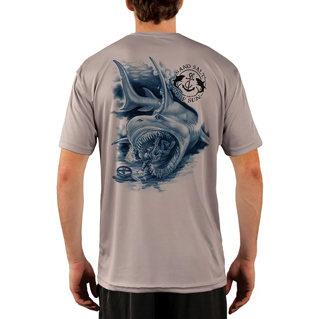 SAND.SALT.SURF.SUN. Shark Diver Attack Men's UPF 50  UV Sun Protection Performance Short Sleeve T-Shirt
