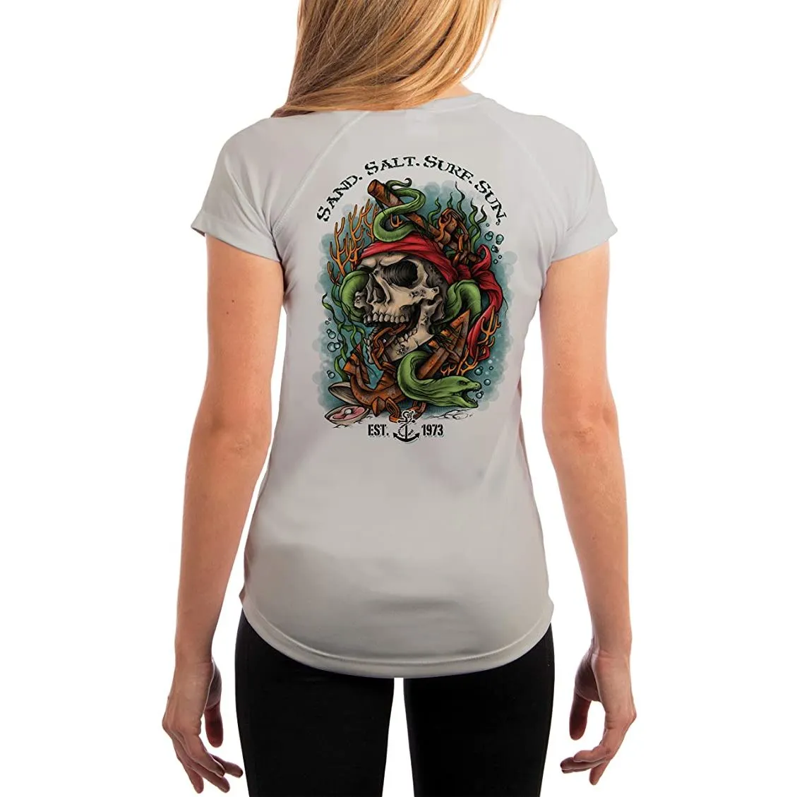 SAND.SALT.SURF.SUN. Skull EEL Women's UPF 50  UV Sun Protection Performance Short Sleeve T-Shirt
