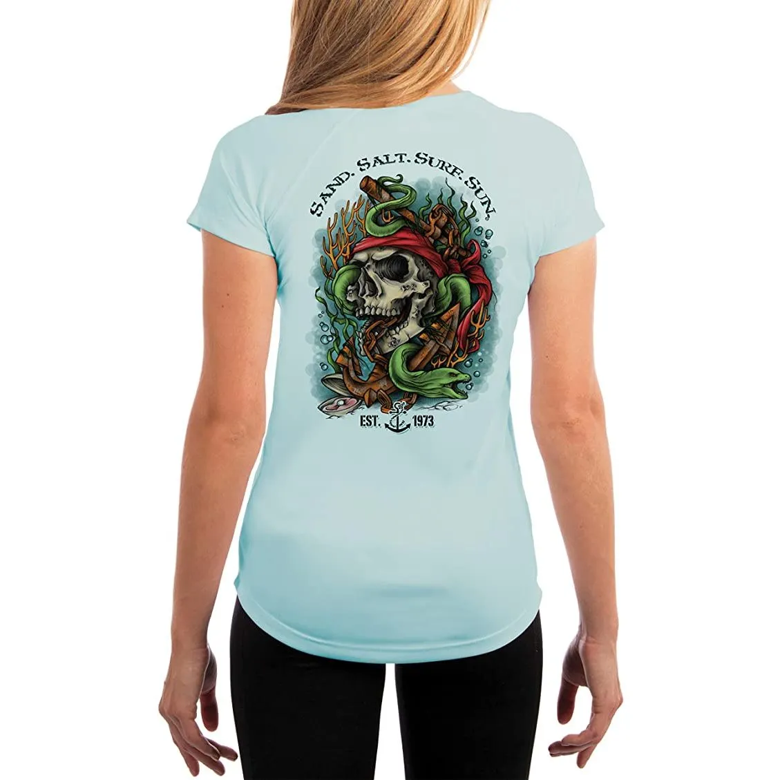 SAND.SALT.SURF.SUN. Skull EEL Women's UPF 50  UV Sun Protection Performance Short Sleeve T-Shirt