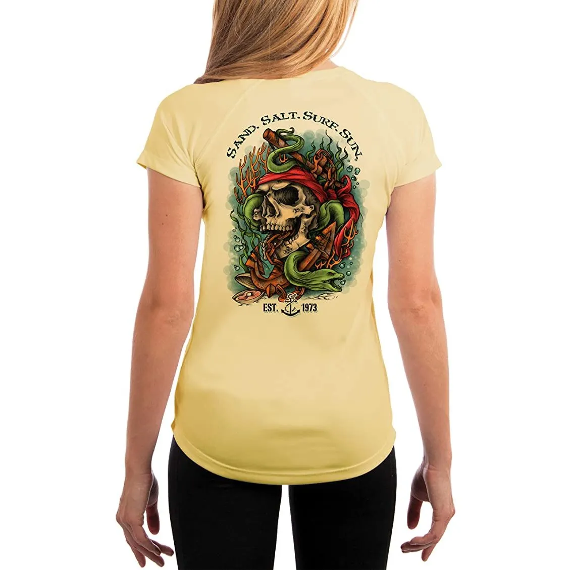SAND.SALT.SURF.SUN. Skull EEL Women's UPF 50  UV Sun Protection Performance Short Sleeve T-Shirt