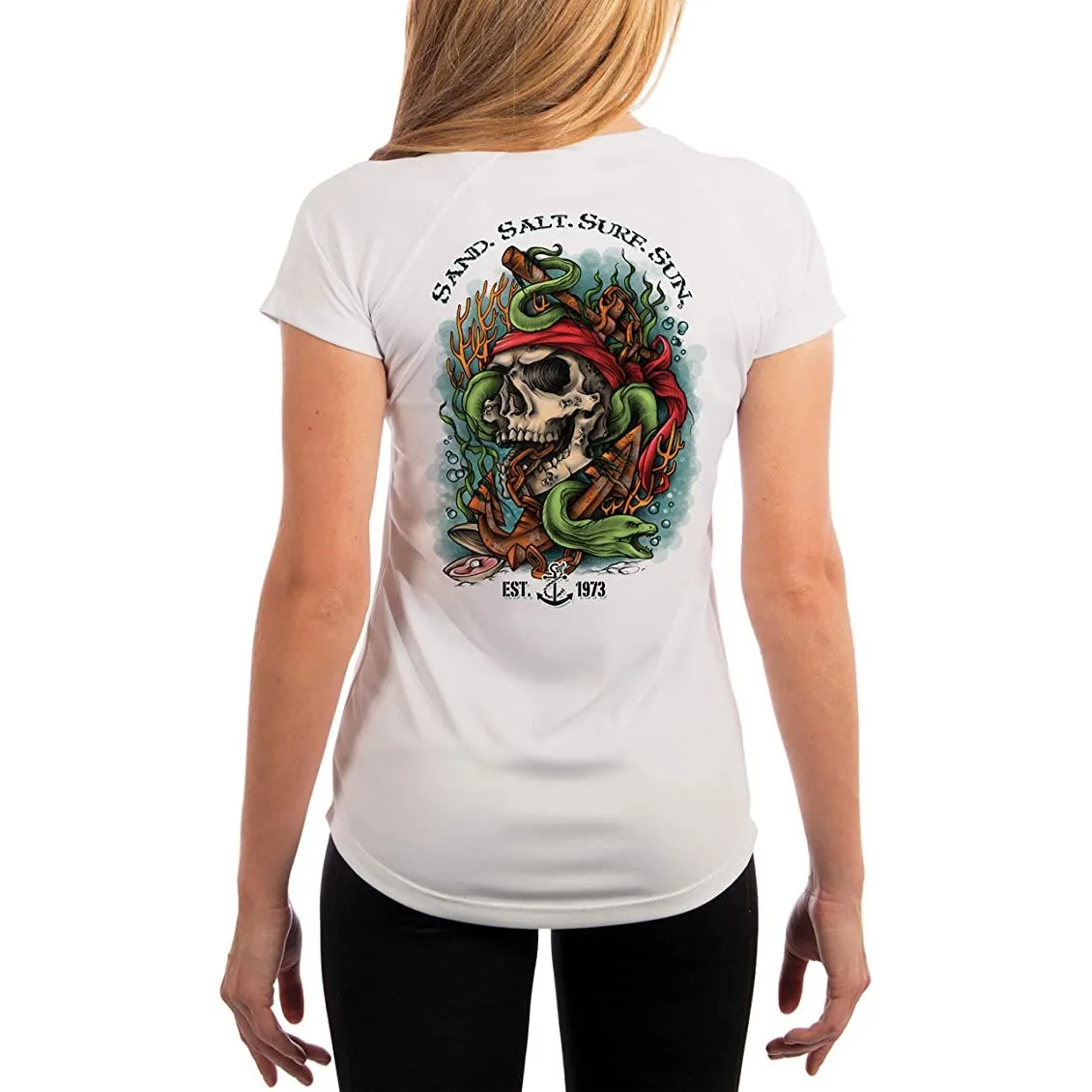 SAND.SALT.SURF.SUN. Skull EEL Women's UPF 50  UV Sun Protection Performance Short Sleeve T-Shirt