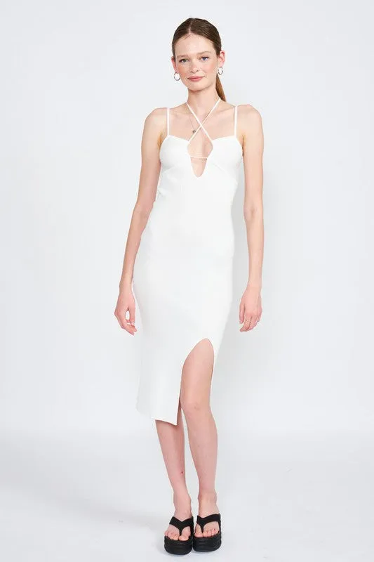 SPAGHETTI STRAP MIDI DRESS WITH SLIT