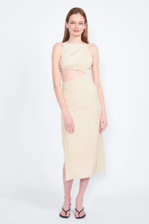 SPAGHETTI STRAP MIDI DRESS WITH WAIST CUT OUT