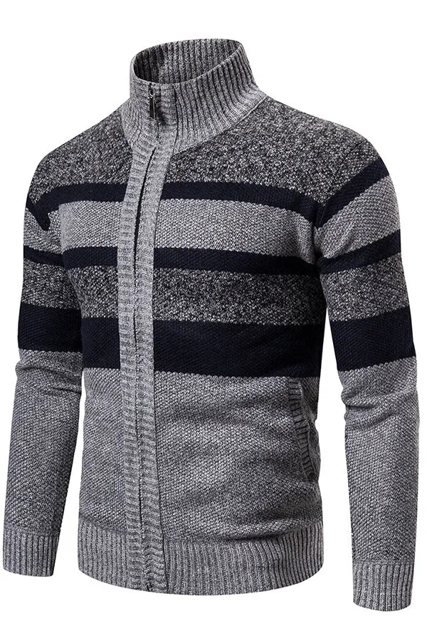 Striped Long Sleeve Knit Stand Collar Cardigan Sweater