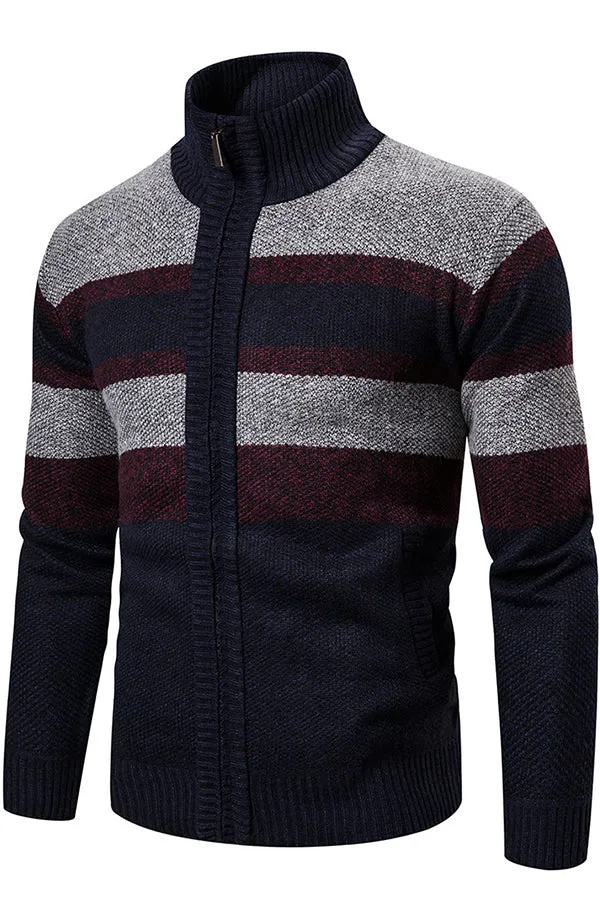 Striped Long Sleeve Knit Stand Collar Cardigan Sweater