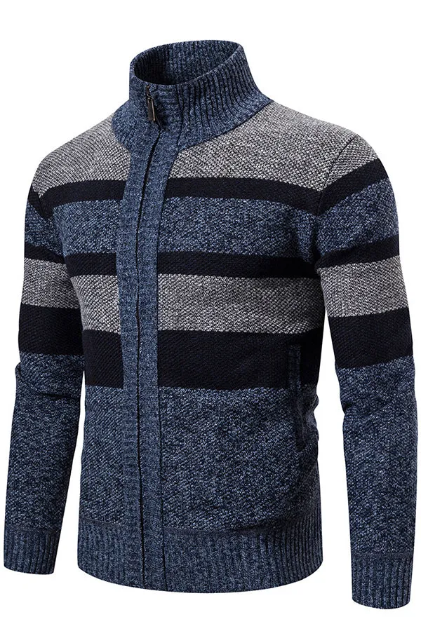 Striped Long Sleeve Knit Stand Collar Cardigan Sweater