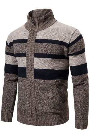 Striped Long Sleeve Knit Stand Collar Cardigan Sweater