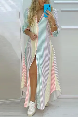 Stunncal Colorful Stripe Button Down Long Shirt Dress