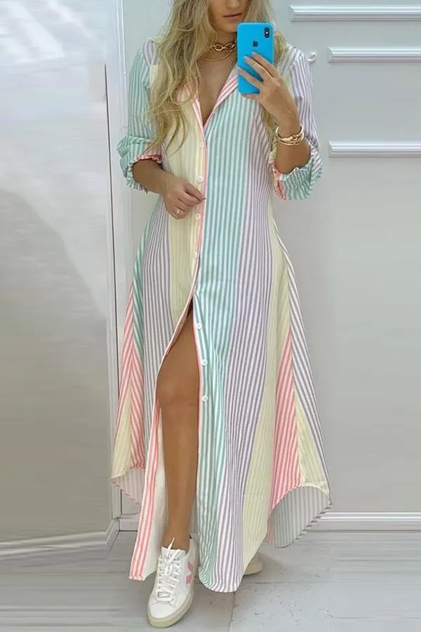 Stunncal Colorful Stripe Button Down Long Shirt Dress